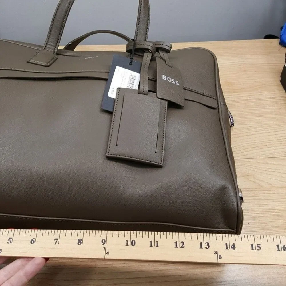 HUGO BOSS Mens Briefcase Doc Case Brown Khaki Regenerated Leather Logo ZAIR S
